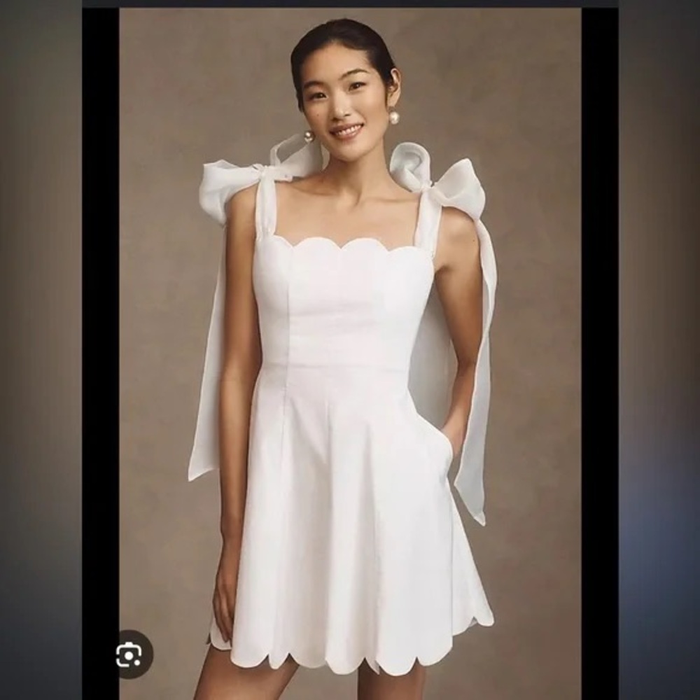 BHLDN White Scalloped Mini Dress with Shoulder Bows - Picture 2 of 14